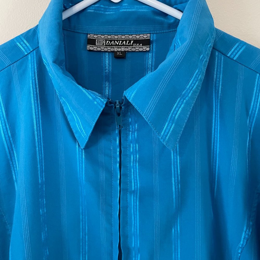 Daniali women’s XL aqua teal L/S zip-front shimmery striped blouse top - Picture 3 of 16